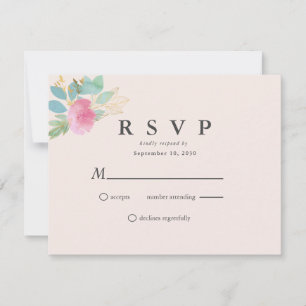 Cartão RSVP Floral Romântico Moderno Rosa Bege Dourado Verde A