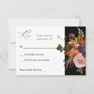 Cartão RSVP Floral Rústica Dourada, Roxa e Rosa Sem Refeição -