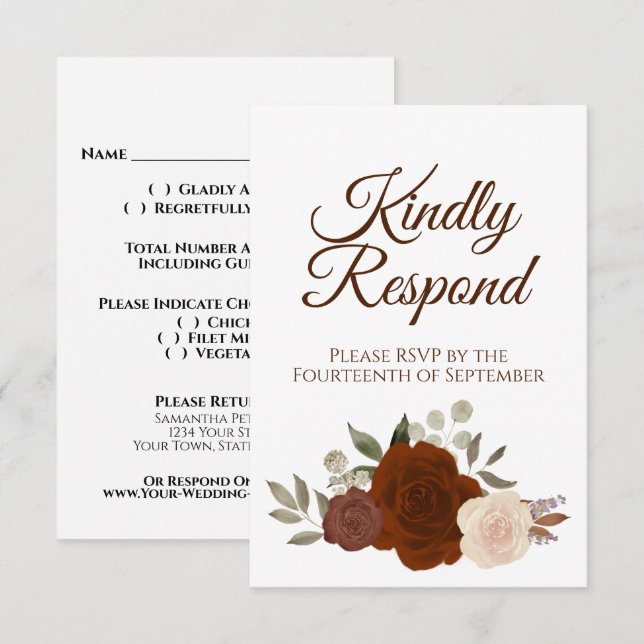 Cartão RSVP Floral Rústico de Outono Laranja Rosas Casamento (Frente/Verso)