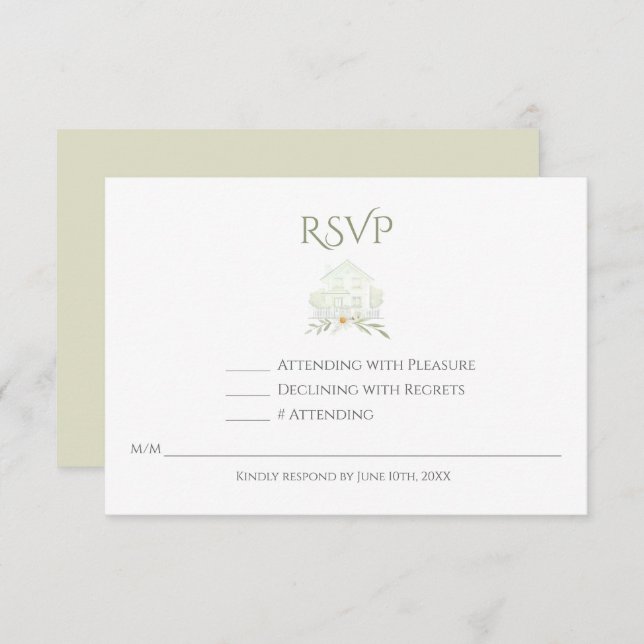 Cartão RSVP Floral Sage Watercolor QR Code Wedding  (Frente/Verso)