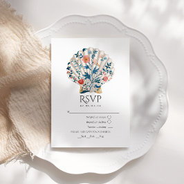 Cartão RSVP Floral Seashell Coastal Beach Wedding Nautical