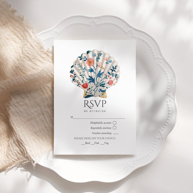Cartão RSVP Floral Seashell Coastal Beach Wedding Nautical (Floral Seashell Coastal Beach Wedding Nautical RSVP Card)