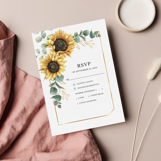 Cartão RSVP Floral Sunflower Eucalyptus Wedding (Floral Sunflower Greenery Watercolor Wedding RSVP Enclosure Card)