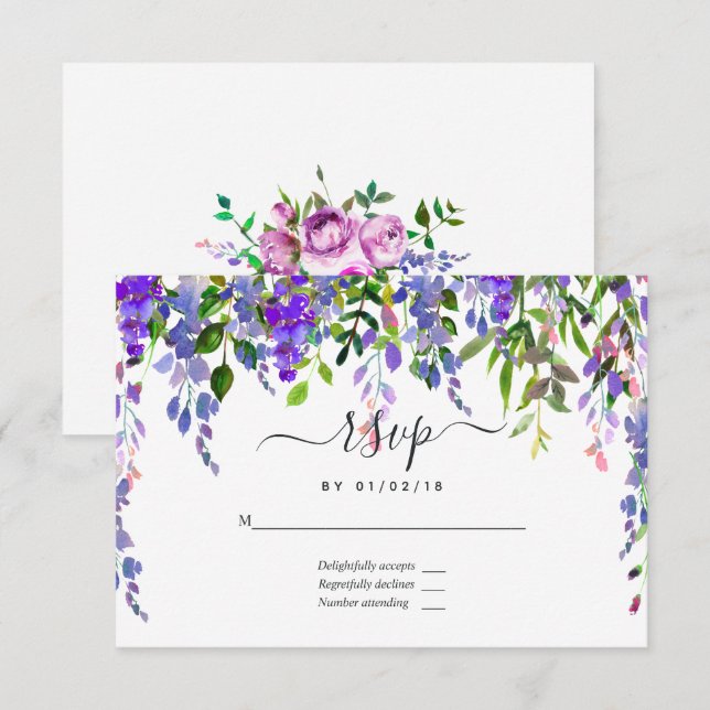 Cartão RSVP Floral Ultra Violet Watercolor (Frente/Verso)