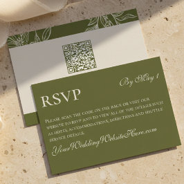 Cartão RSVP Floral Verde Rústico QR Casamento