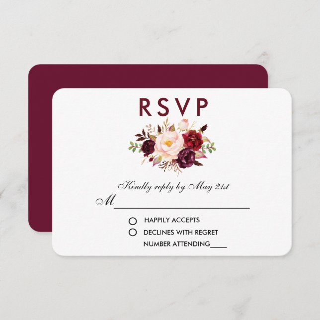 Cartão RSVP Floral Watercolor Burgundy Casamento (Frente/Verso)