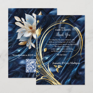 Cartão RSVP Flores abstratas douradas em seda azul Simmery