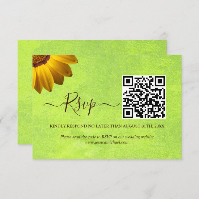 Cartão RSVP Flores Amarelas no Casamento Verde Abstrato (Frente/Verso)
