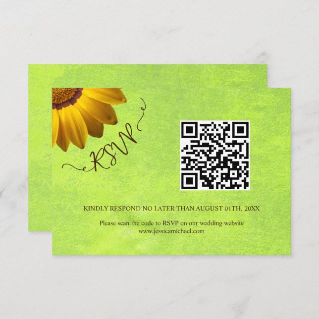 Cartão RSVP Flores Amarelas no Casamento Verde Abstrato (Frente/Verso)