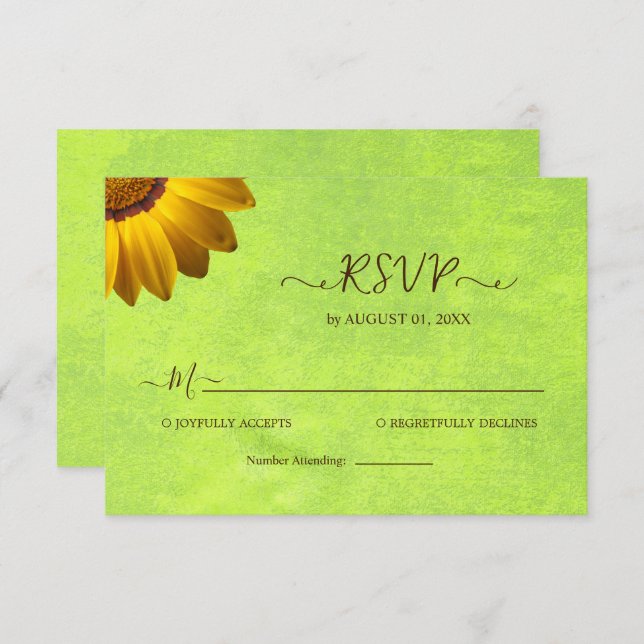 Cartão RSVP Flores Amarelas no Casamento Verde Abstrato (Frente/Verso)