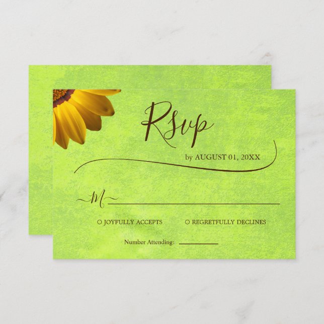 Cartão RSVP Flores Amarelas no Casamento Verde Abstrato (Frente/Verso)