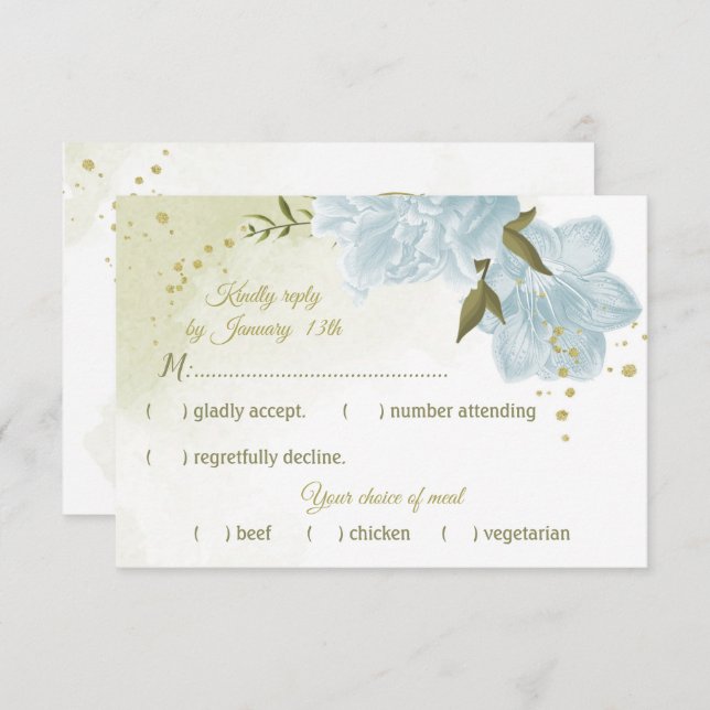 Cartão RSVP Flores azuis bonito folhas verdes botânicas (Frente/Verso)