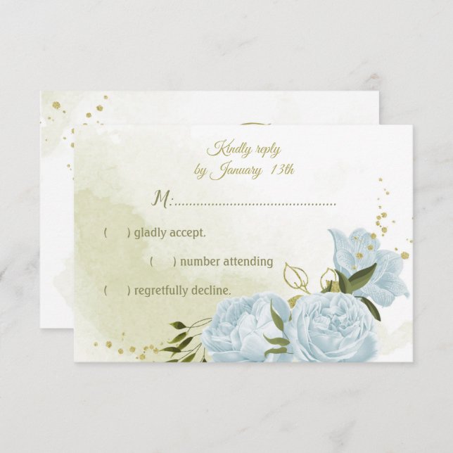 Cartão RSVP Flores azuis bonito folhas verdes botânicas (Frente/Verso)