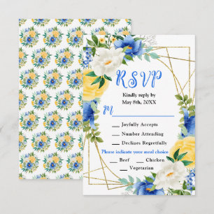 Cartão RSVP Flores Azuis e Amarelos com Folhagem para Casament