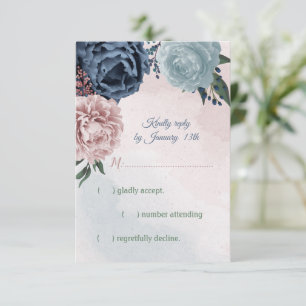 Cartão RSVP flores azuis-rosa, poeirentas e azuis-marinhos ver