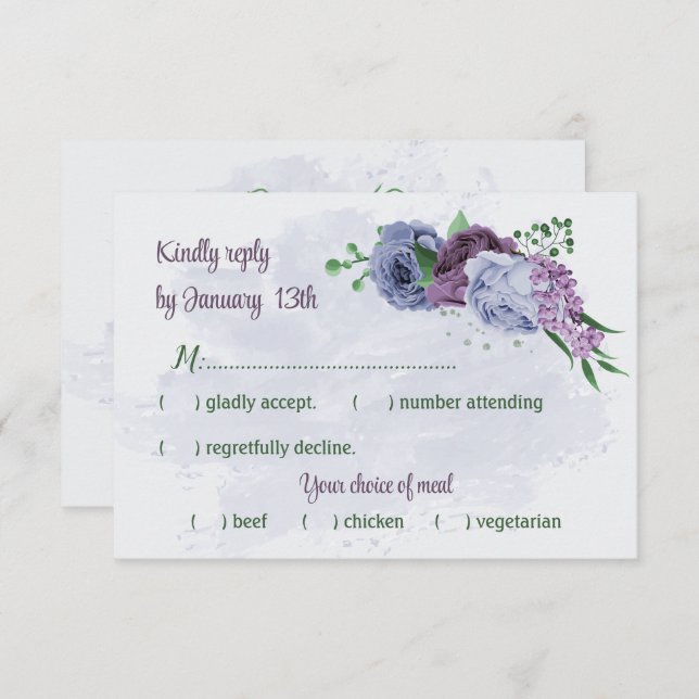 Cartão RSVP Flores azuis roxas folhas verdes casamento (Frente/Verso)