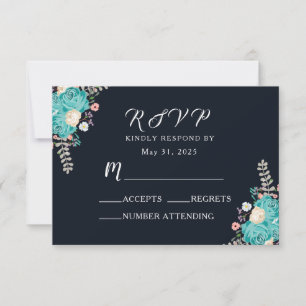 Cartão RSVP Flores azuladas dos azuis marinhos que Wedding
