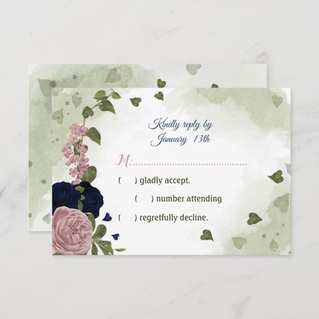 Cartão RSVP Flores bonito, cor-de-rosa e marinho, verdes (Frente/Verso)