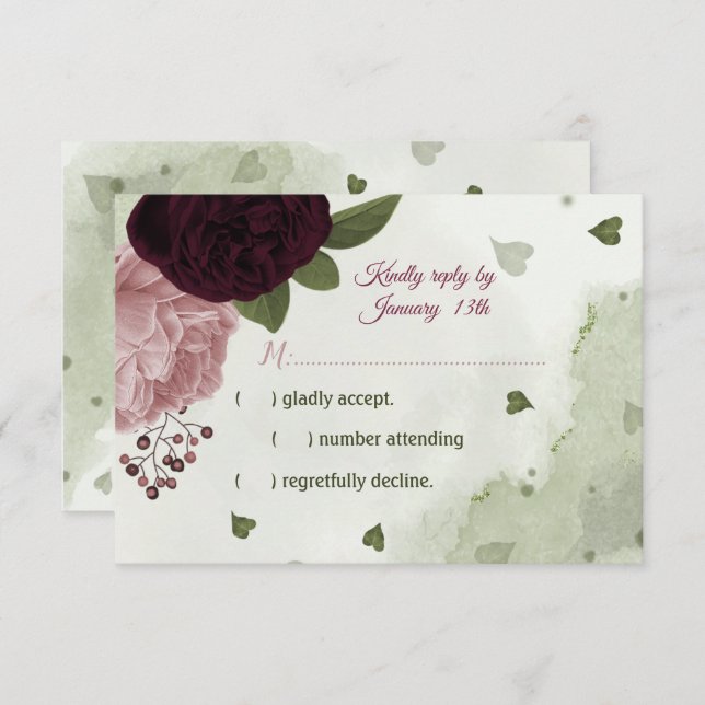 Cartão RSVP Flores bonito rosa e espumosas de ameixa verde (Frente/Verso)