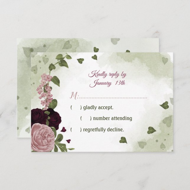 Cartão RSVP Flores bonito rosa e espumosas de ameixa verde (Frente/Verso)