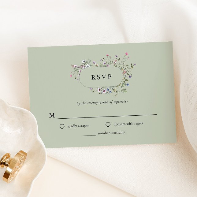 Cartão RSVP Flores Botânicas | Casamento Verde Suave (An elegant, soft green wedding rsvp with wildflowers)