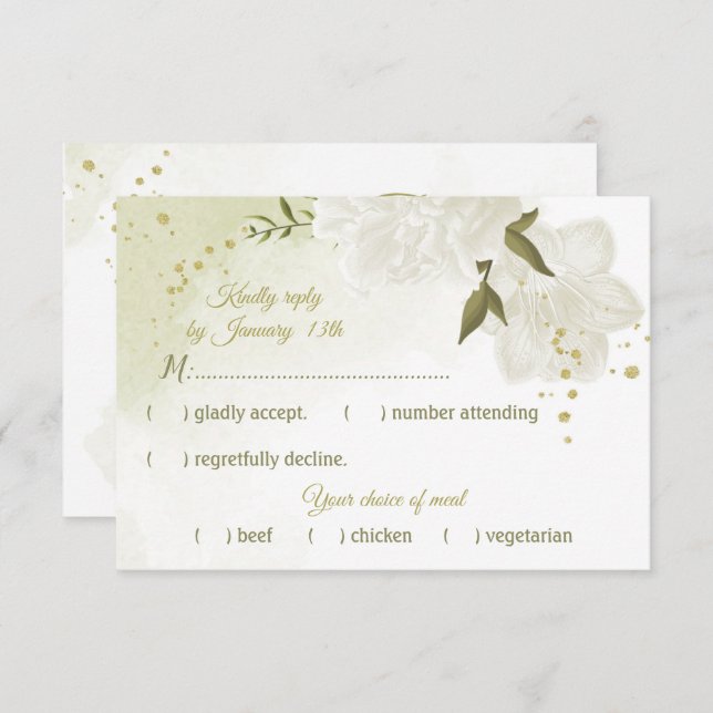 Cartão RSVP Flores brancas bonito folhas verdes botânicas (Frente/Verso)