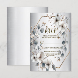 Cartão RSVP Flores brancas de aquarela Ouro Frame Silver Teal
