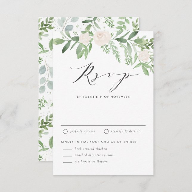 Cartão RSVP Flores Brancas e Casamento Verde (Frente/Verso)