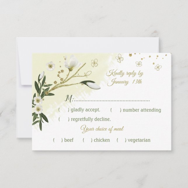Cartão RSVP flores brancas e douradas folhas verdes escolha re (Frente)