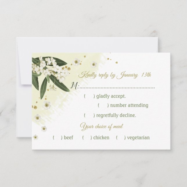 Cartão RSVP flores brancas e douradas folhas verdes escolha re (Frente)