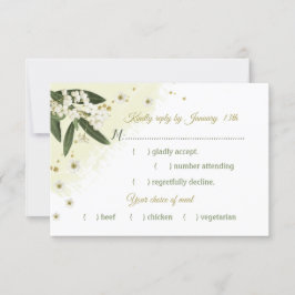 Cartão RSVP flores brancas e douradas folhas verdes escolha re