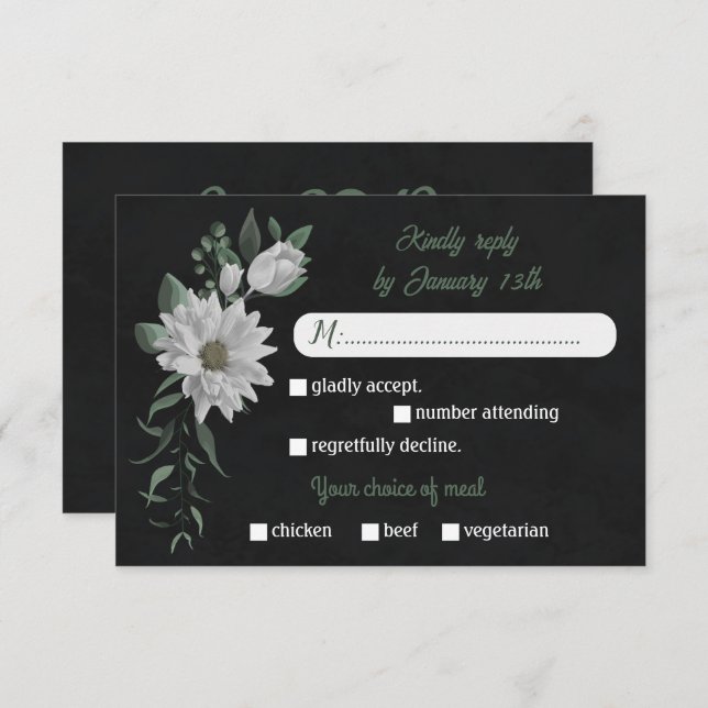 Cartão RSVP flores brancas farinha verde escolha preto (Frente/Verso)