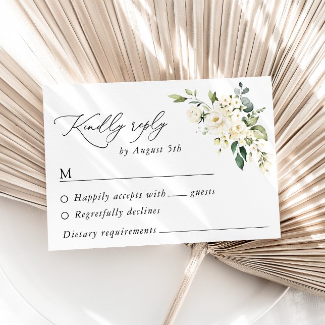 Cartão RSVP Flores Brancas, Flores De Creme, Verde, Casamento (Criador carregado)