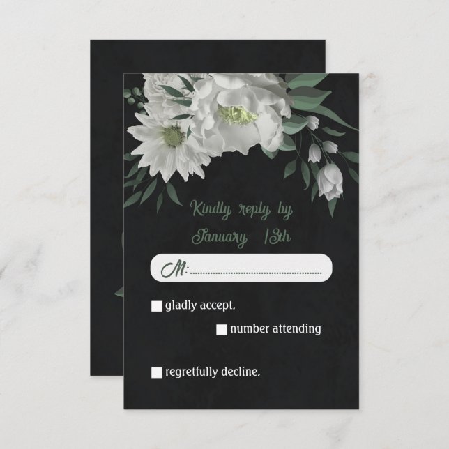 Cartão RSVP flores brancas românticas verde-preto botânico (Frente/Verso)