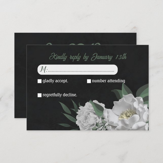 Cartão RSVP flores brancas românticas verde-preto botânico (Frente/Verso)