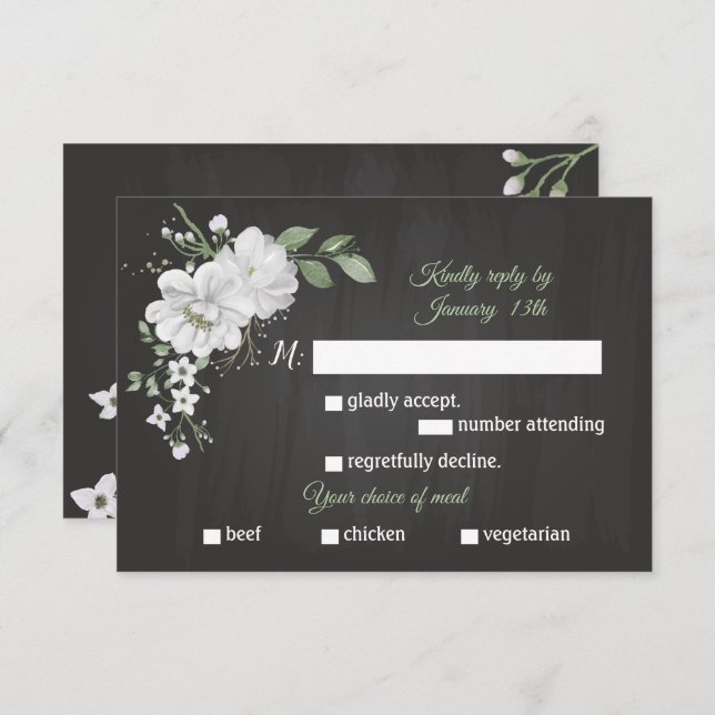 Cartão RSVP Flores brancas seleção de refeição verde preto RSV (Frente/Verso)