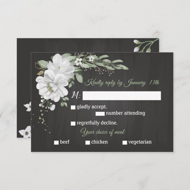 Cartão RSVP Flores brancas seleção de refeição verde preto RSV (Frente/Verso)