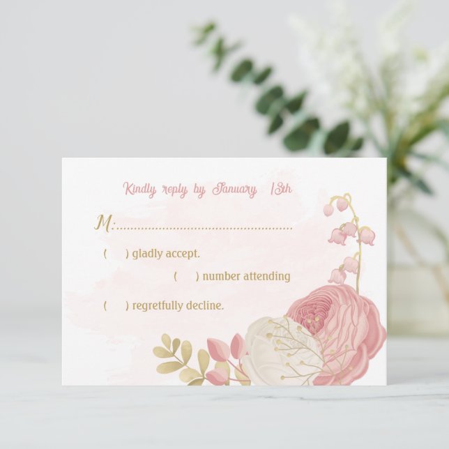 Cartão RSVP flores cor-de-rosa e brancas - botânica (Em pé/Frente)