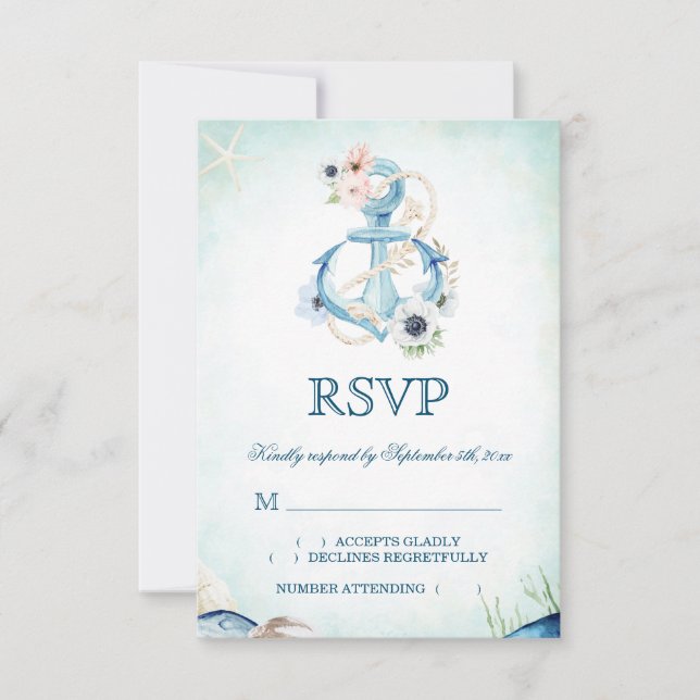 Cartão RSVP Flores de Âncora Aquática Casamento de Praia Starf (Frente)