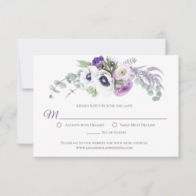 Cartão RSVP Flores de Aquarela Branca de Lavanda Roxa | (Frente)