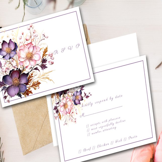 Cartão RSVP Flores de Aquarela Rosa e Roxo (Criador carregado)