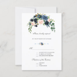 Cartão RSVP Flores de Blush Azul Naval Dourado Elegante Desabr