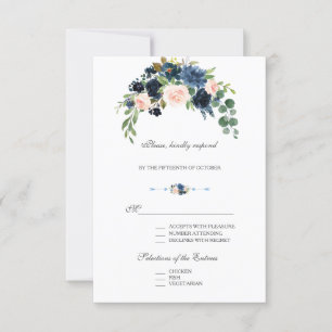 Cartão RSVP Flores de Blush Azul Naval Dourado Elegante Desabr