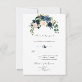 Cartão RSVP Flores de Blush Azul Naval Dourado Elegante Desabr