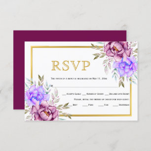 Cartão RSVP Flores de cor azul púrpura e aquarela flores de ou