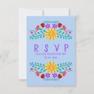 Cartão RSVP Flores de Festa Mexicana Azul Claro Quinceanera