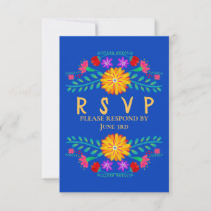 Cartão RSVP Flores de Festa Mexicana Royal Azul Quinceanera