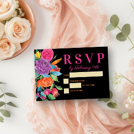 Cartão RSVP Flores de Fiesta Black Watercolor Floral