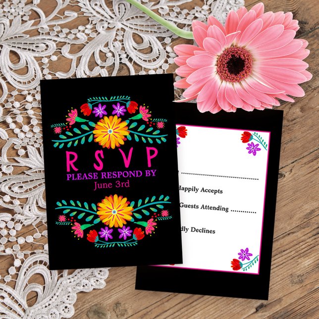 Cartão RSVP Flores de Fiesta mexicanas, Quinceanera Negra (Colorful RSVP from my Mexican Fiesta Floral collection
)