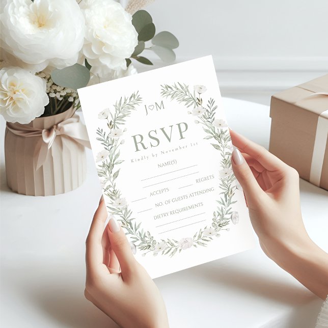 Cartão RSVP Flores de flores verdes, fardos de casamento rústi (Criador carregado)